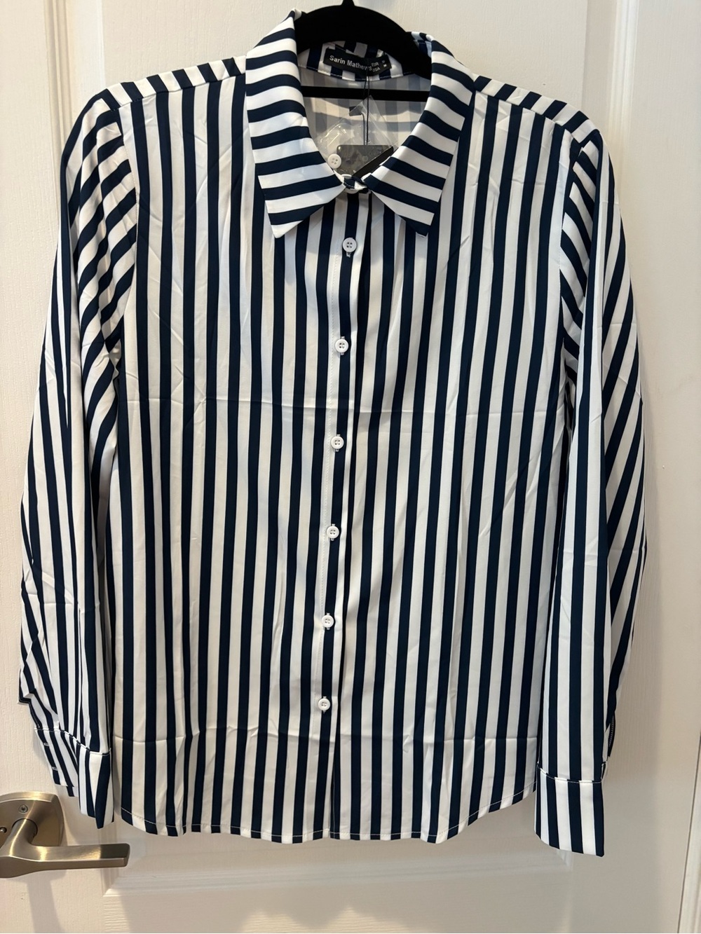 Women's Navy and White Vertical Stripe Button-Front Blouse